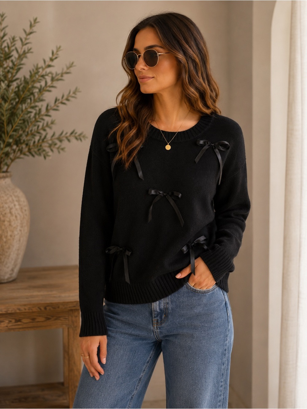 ShopEvelynne Black Sweater with Ribbon Accents